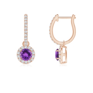 4mm AAA Round Amethyst Dangle Earrings with Diamond Halo in Rose Gold