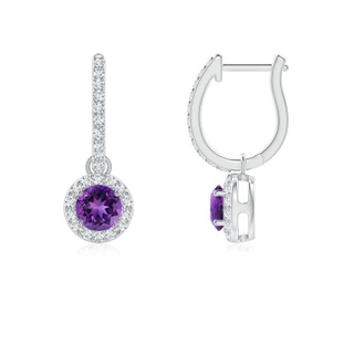 4mm AAAA Round Amethyst Dangle Earrings with Diamond Halo in P950 Platinum