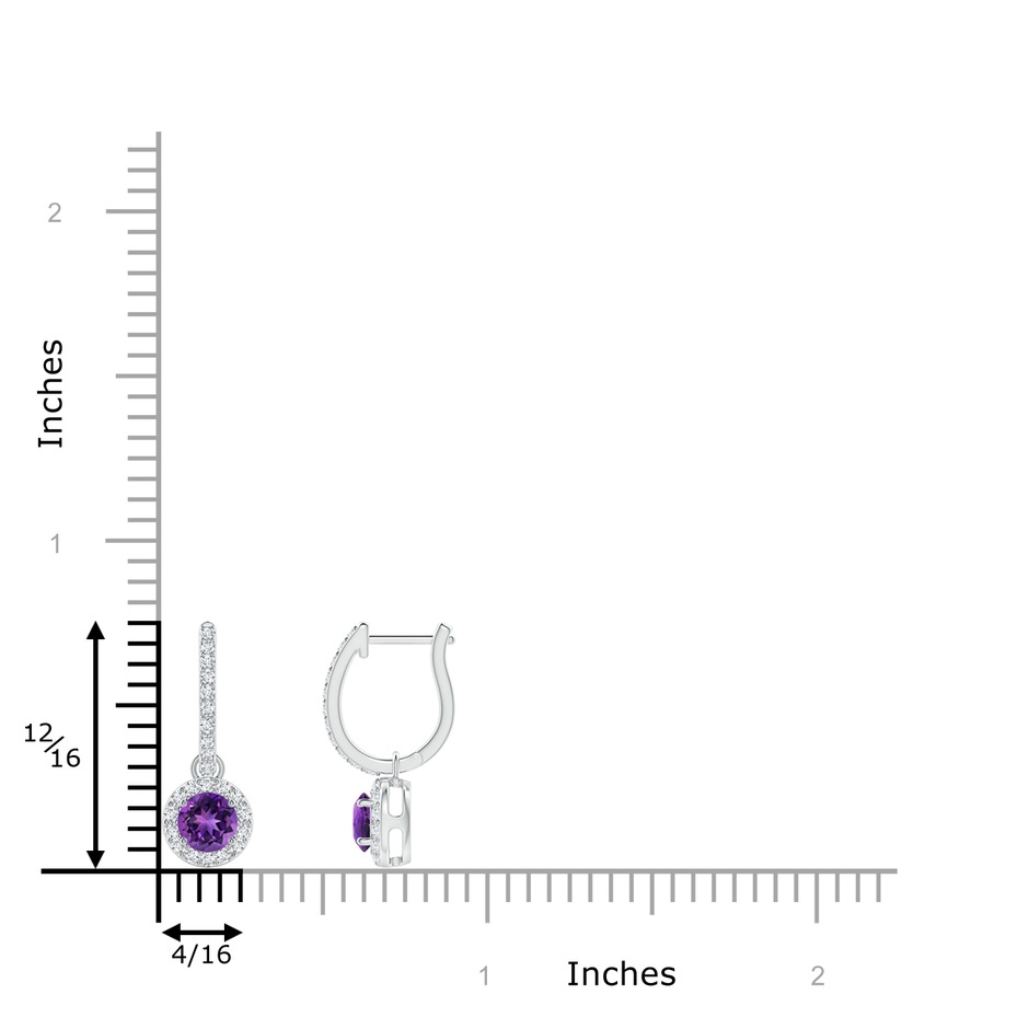 4mm AAAA Round Amethyst Dangle Earrings with Diamond Halo in P950 Platinum ruler