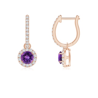 4mm AAAA Round Amethyst Dangle Earrings with Diamond Halo in Rose Gold