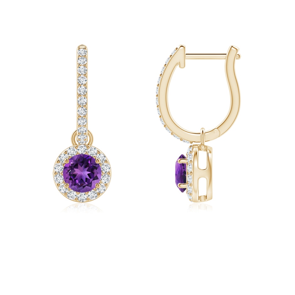 4mm AAAA Round Amethyst Dangle Earrings with Diamond Halo in Yellow Gold 
