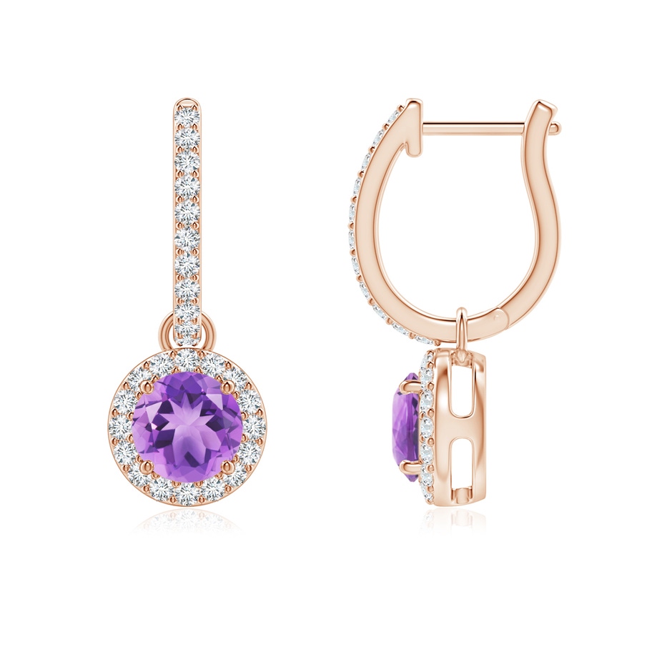 5mm A Round Amethyst Dangle Earrings with Diamond Halo in Rose Gold 