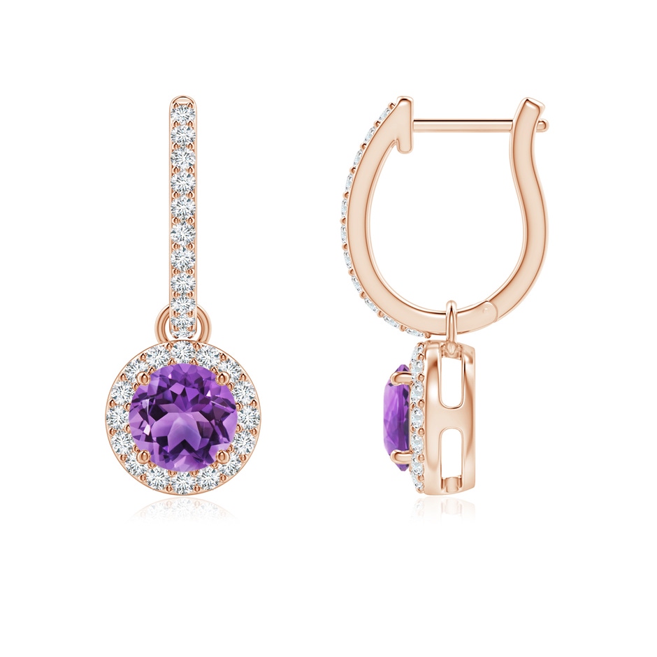 5mm AA Round Amethyst Dangle Earrings with Diamond Halo in Rose Gold 