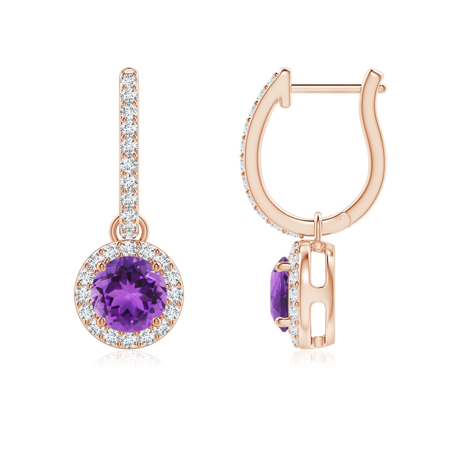 5mm AAA Round Amethyst Dangle Earrings with Diamond Halo in Rose Gold 