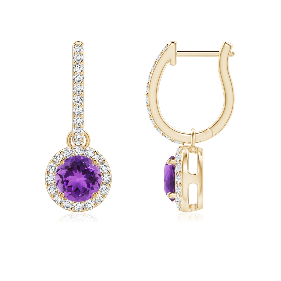 5mm AAA Round Amethyst Dangle Earrings with Diamond Halo in Yellow Gold 
