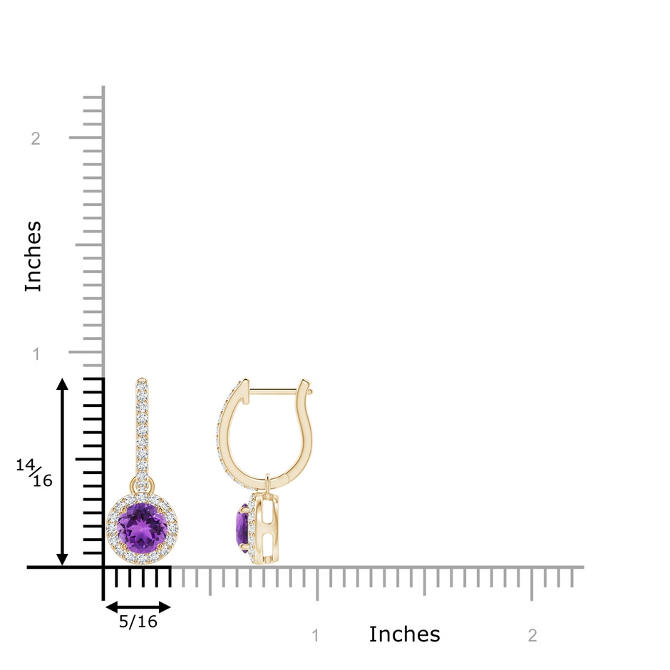 5mm AAA Round Amethyst Dangle Earrings with Diamond Halo in Yellow Gold ruler
