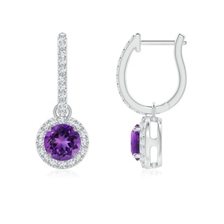 5mm AAAA Round Amethyst Dangle Earrings with Diamond Halo in P950 Platinum