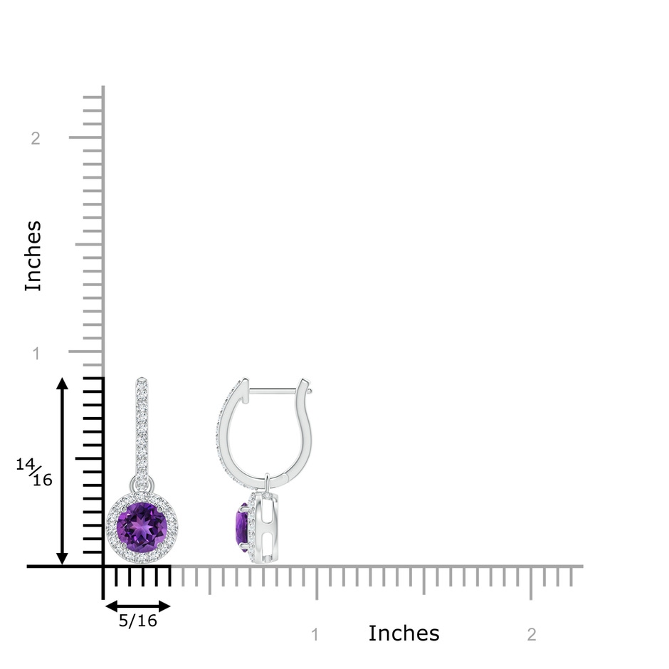 5mm AAAA Round Amethyst Dangle Earrings with Diamond Halo in P950 Platinum ruler