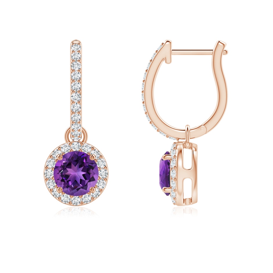 5mm AAAA Round Amethyst Dangle Earrings with Diamond Halo in Rose Gold 