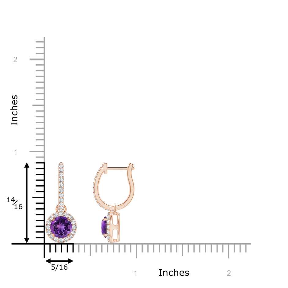 5mm AAAA Round Amethyst Dangle Earrings with Diamond Halo in Rose Gold ruler