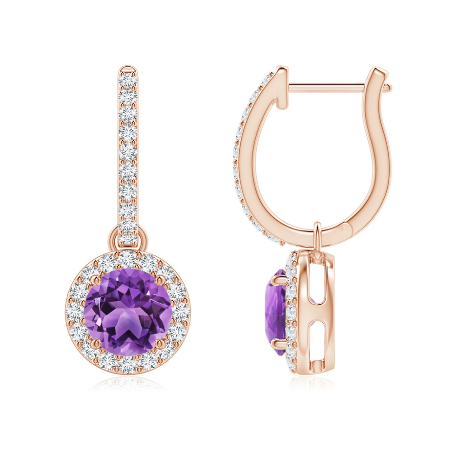 6mm AA Round Amethyst Dangle Earrings with Diamond Halo in Rose Gold 