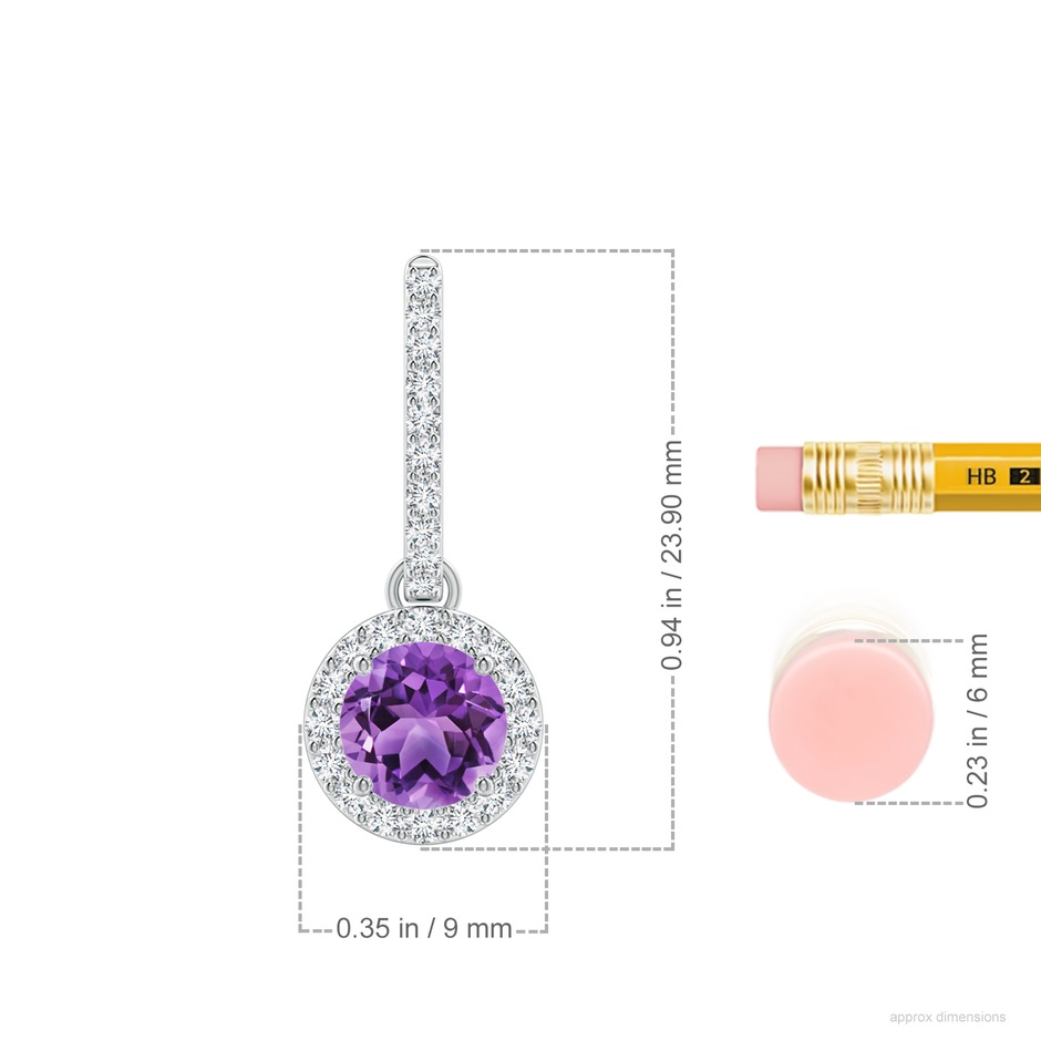 6mm AA Round Amethyst Dangle Earrings with Diamond Halo in White Gold ruler
