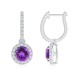 6mm AAA Round Amethyst Dangle Earrings with Diamond Halo in White Gold