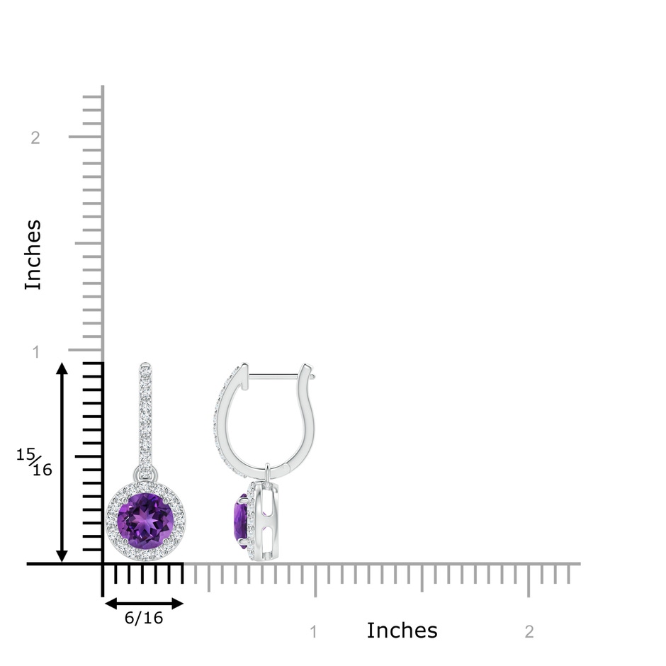 6mm AAAA Round Amethyst Dangle Earrings with Diamond Halo in P950 Platinum ruler