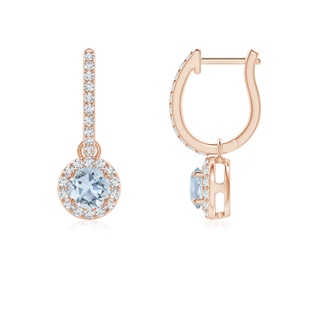4mm A Round Aquamarine Dangle Earrings with Diamond Halo in Rose Gold