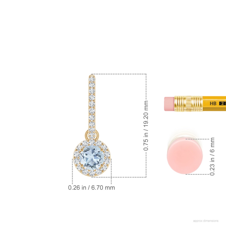 4mm A Round Aquamarine Dangle Earrings with Diamond Halo in Yellow Gold ruler