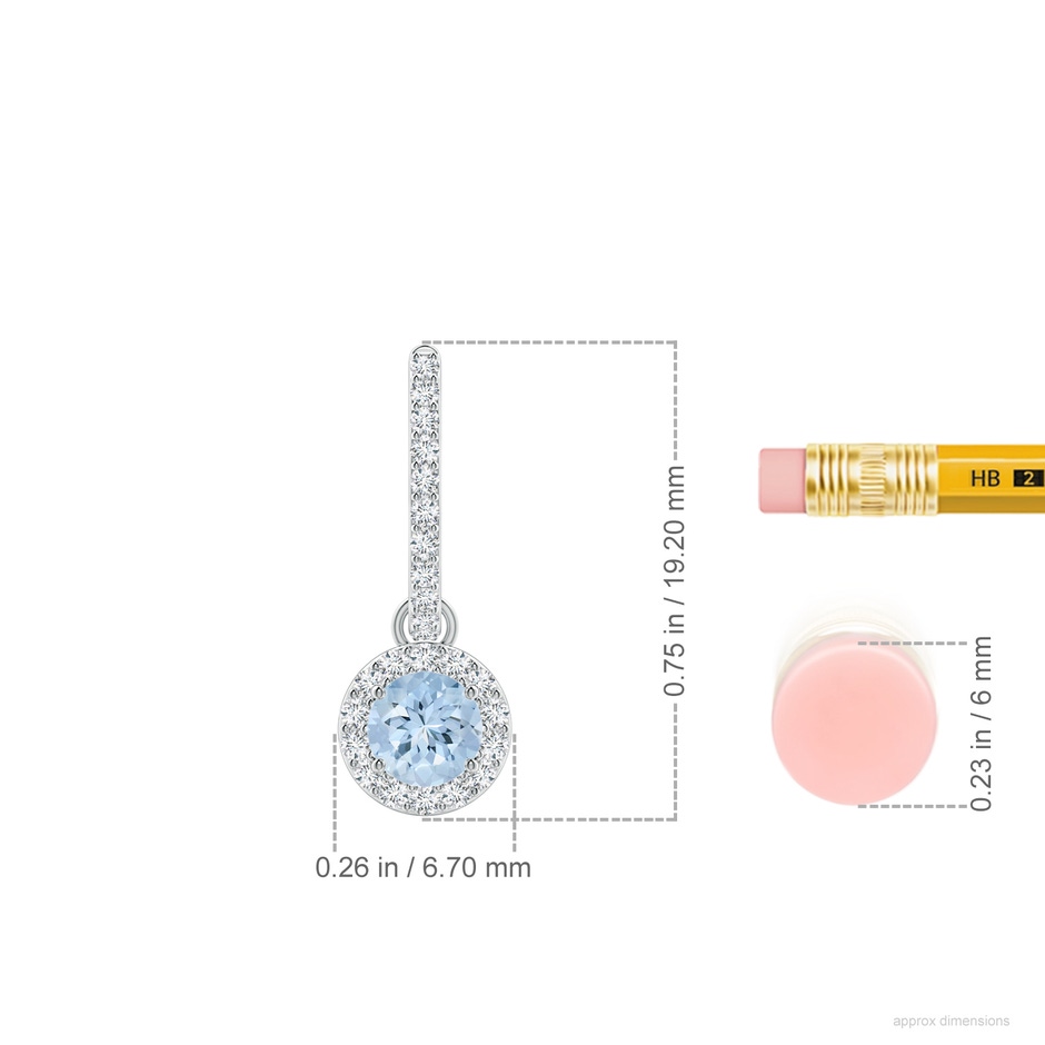 4mm AA Round Aquamarine Dangle Earrings with Diamond Halo in P950 Platinum ruler