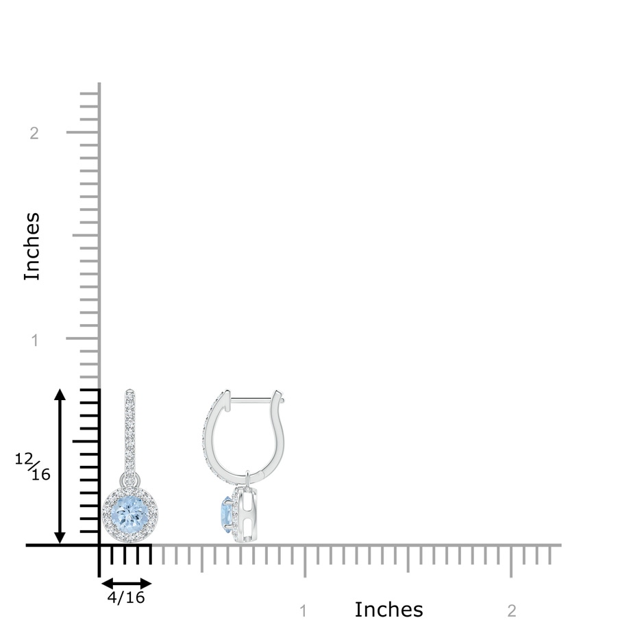 4mm AA Round Aquamarine Dangle Earrings with Diamond Halo in White Gold ruler