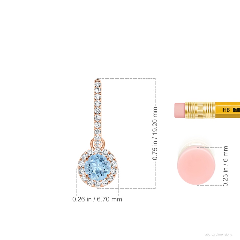 4mm AAA Round Aquamarine Dangle Earrings with Diamond Halo in Rose Gold ruler