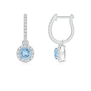 4mm AAA Round Aquamarine Dangle Earrings with Diamond Halo in White Gold