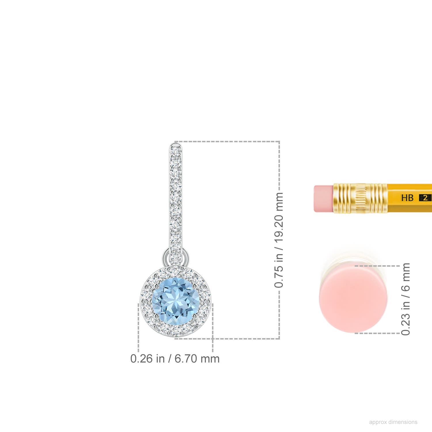 4mm AAA Round Aquamarine Dangle Earrings with Diamond Halo in White Gold - ruler