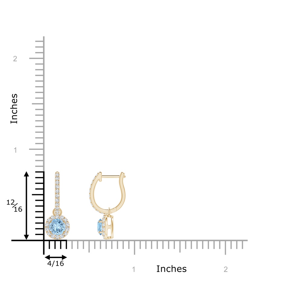 4mm AAA Round Aquamarine Dangle Earrings with Diamond Halo in Yellow Gold ruler
