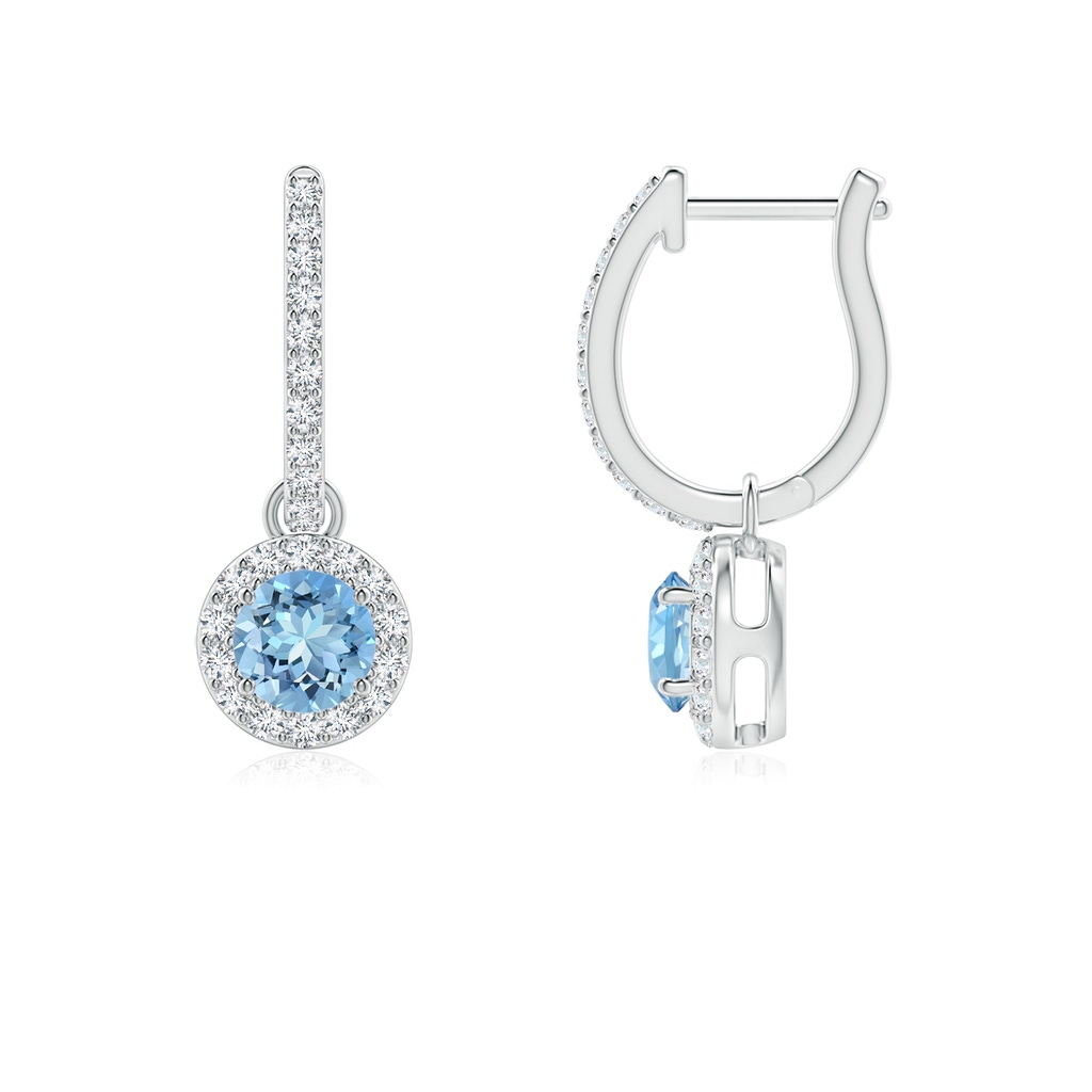 4mm AAAA Round Aquamarine Dangle Earrings with Diamond Halo in P950 Platinum