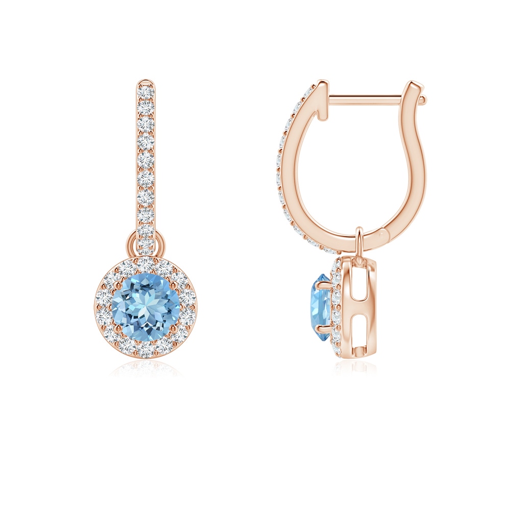 4mm AAAA Round Aquamarine Dangle Earrings with Diamond Halo in Rose Gold