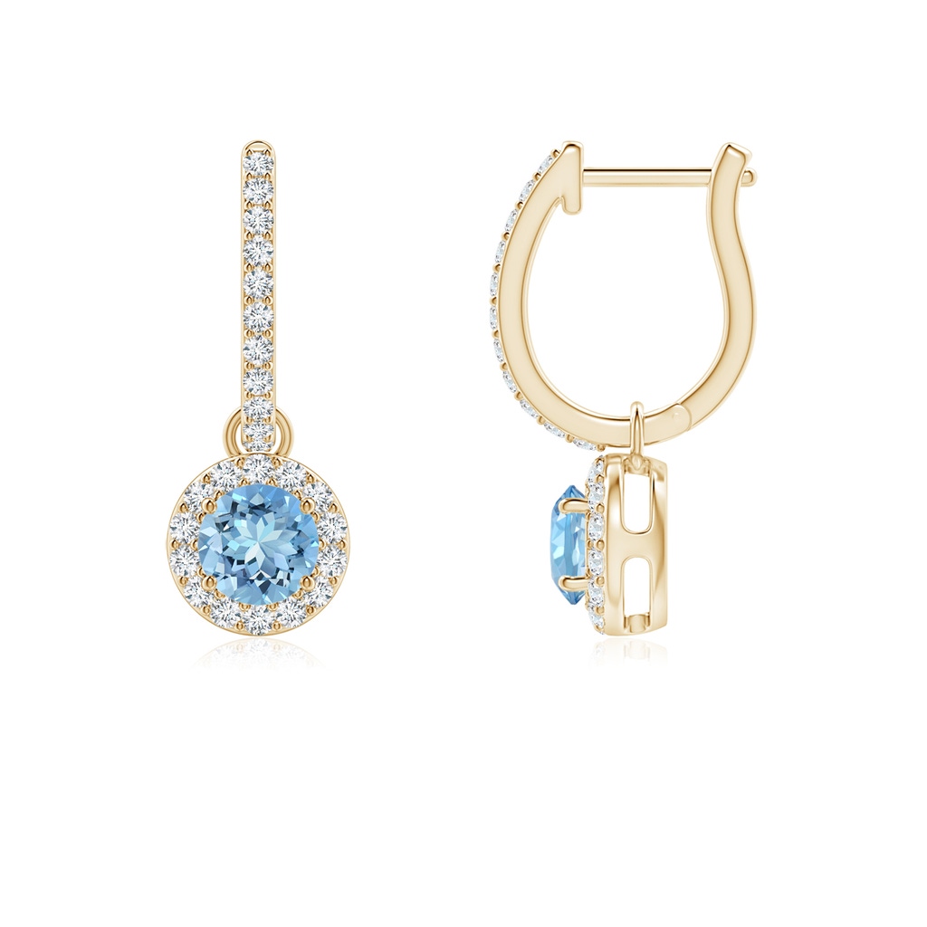 4mm AAAA Round Aquamarine Dangle Earrings with Diamond Halo in Yellow Gold