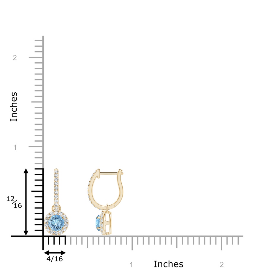 4mm AAAA Round Aquamarine Dangle Earrings with Diamond Halo in Yellow Gold ruler