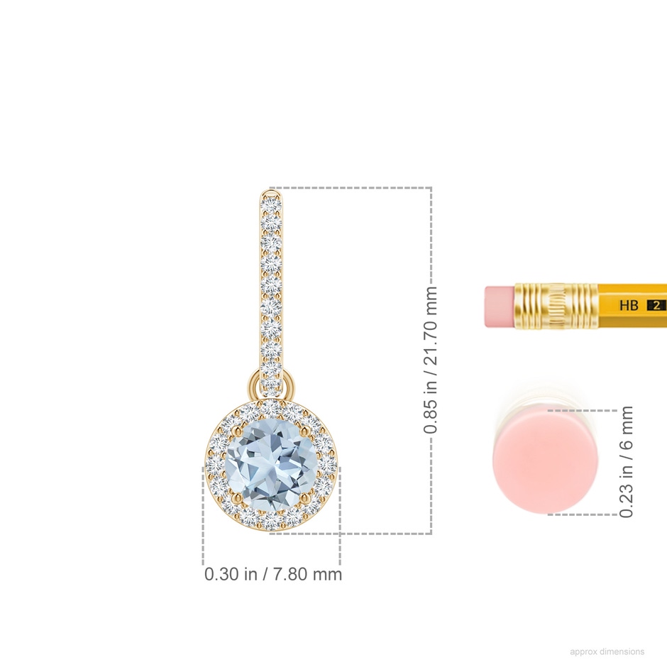 5mm A Round Aquamarine Dangle Earrings with Diamond Halo in 18K Yellow Gold ruler