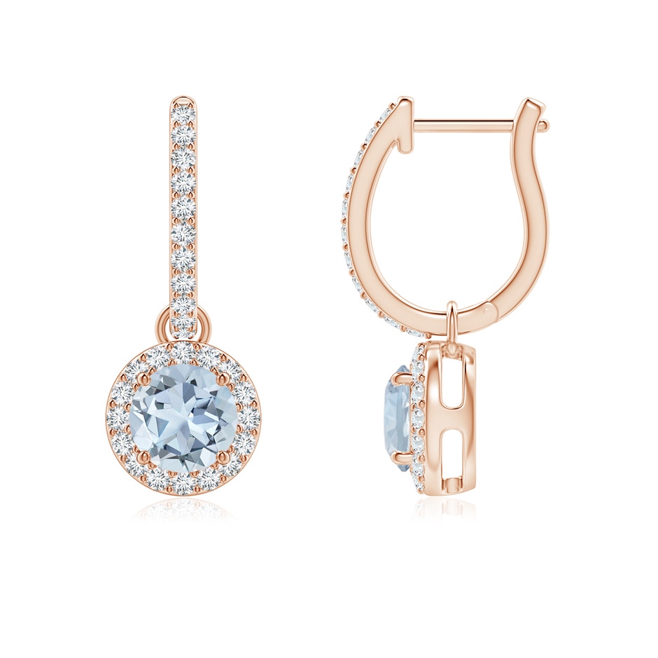5mm A Round Aquamarine Dangle Earrings with Diamond Halo in Rose Gold 