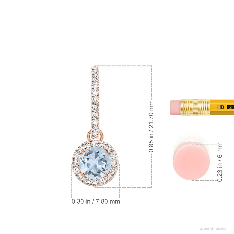 5mm A Round Aquamarine Dangle Earrings with Diamond Halo in Rose Gold ruler