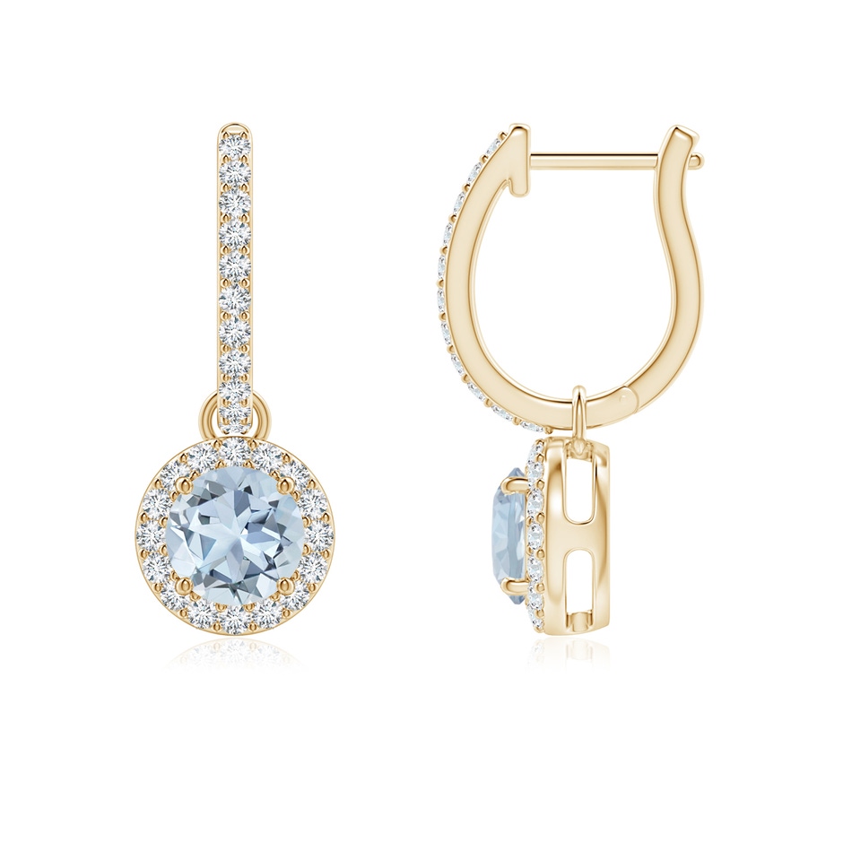 5mm A Round Aquamarine Dangle Earrings with Diamond Halo in Yellow Gold 