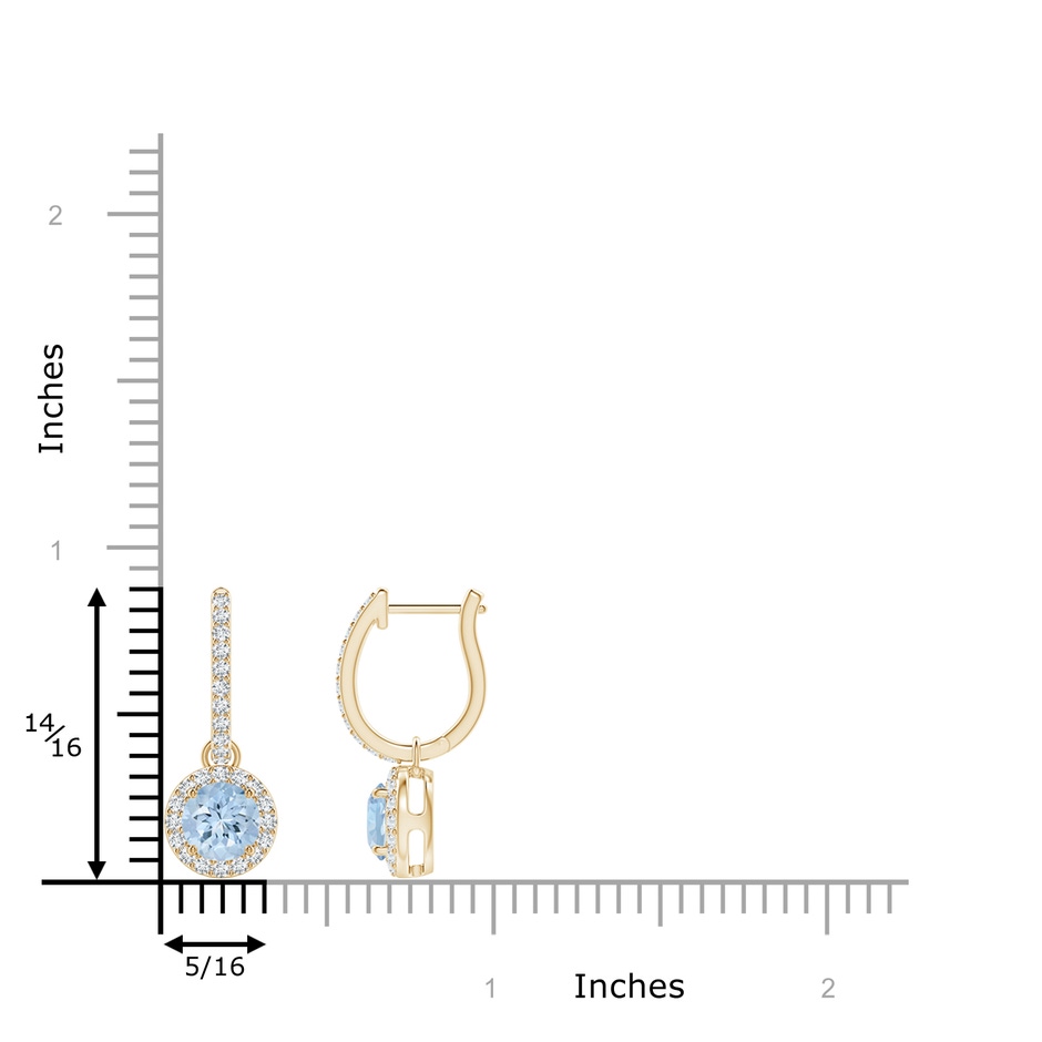 5mm AA Round Aquamarine Dangle Earrings with Diamond Halo in Yellow Gold ruler