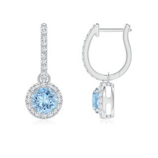 5mm AAA Round Aquamarine Dangle Earrings with Diamond Halo in White Gold