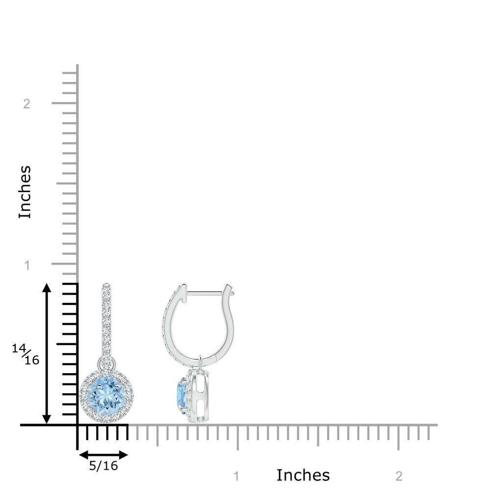 5mm AAA Round Aquamarine Dangle Earrings with Diamond Halo in White Gold Ruler