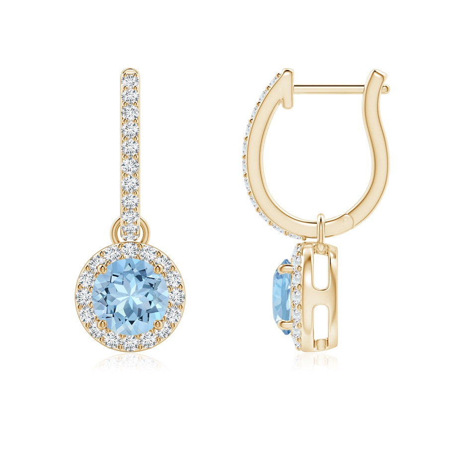 5mm AAA Round Aquamarine Dangle Earrings with Diamond Halo in Yellow Gold 