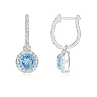 5mm AAAA Round Aquamarine Dangle Earrings with Diamond Halo in P950 Platinum