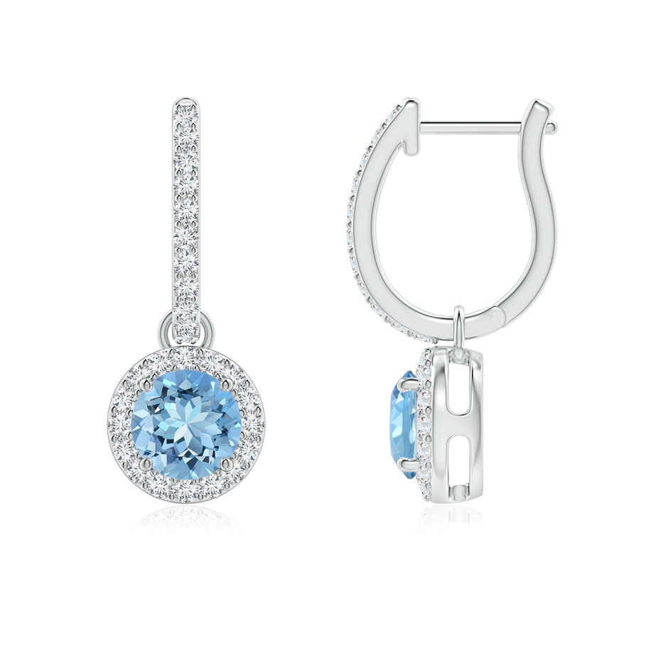 5mm AAAA Round Aquamarine Dangle Earrings with Diamond Halo in P950 Platinum 