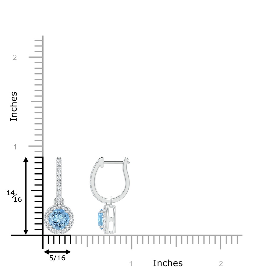 5mm AAAA Round Aquamarine Dangle Earrings with Diamond Halo in P950 Platinum ruler