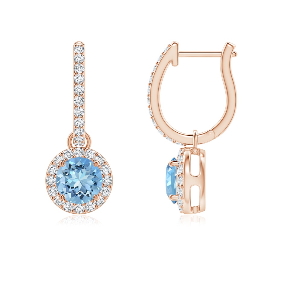 5mm AAAA Round Aquamarine Dangle Earrings with Diamond Halo in Rose Gold 