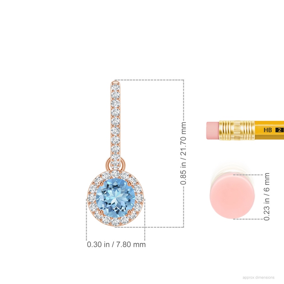 5mm AAAA Round Aquamarine Dangle Earrings with Diamond Halo in Rose Gold ruler