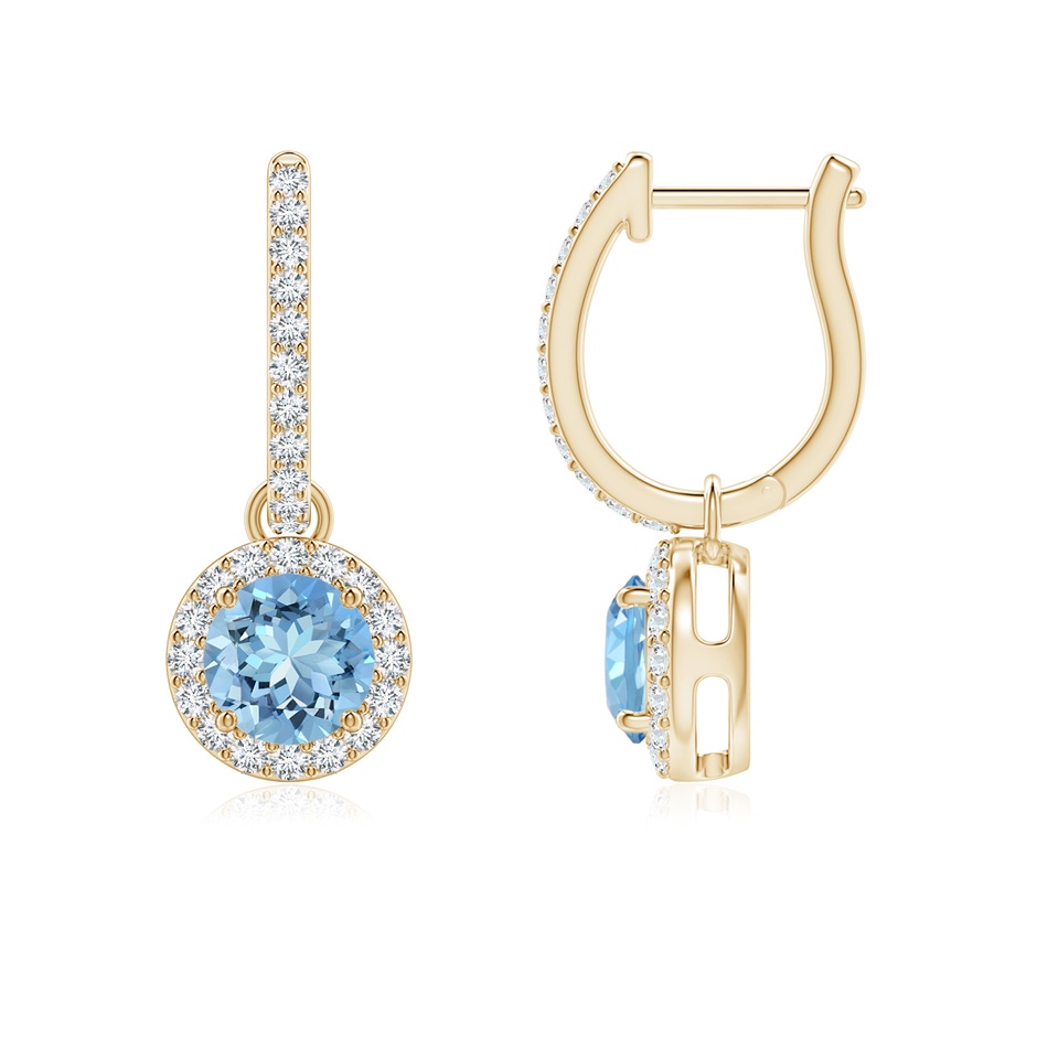 5mm AAAA Round Aquamarine Dangle Earrings with Diamond Halo in Yellow Gold 