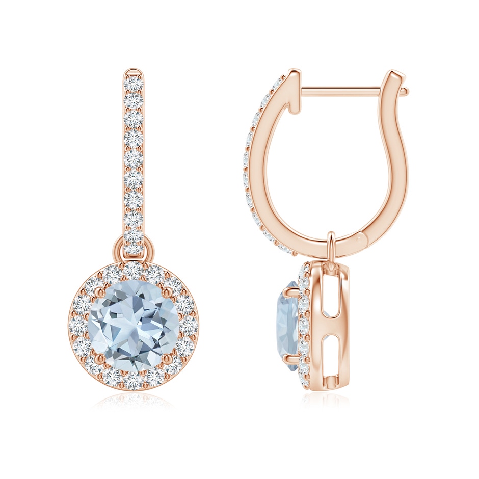 6mm A Round Aquamarine Dangle Earrings with Diamond Halo in 18K Rose Gold 
