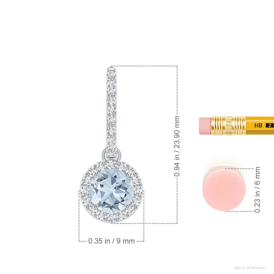 6mm A Round Aquamarine Dangle Earrings with Diamond Halo in 18K White Gold ruler