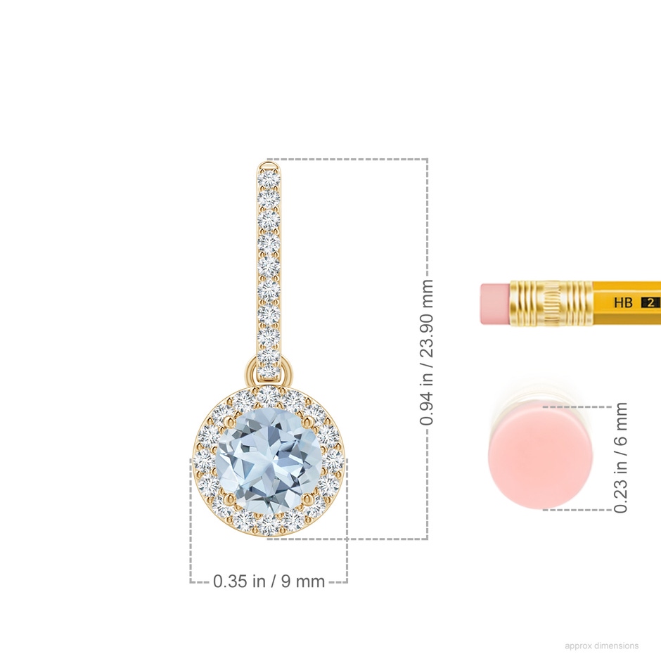 6mm A Round Aquamarine Dangle Earrings with Diamond Halo in Yellow Gold ruler