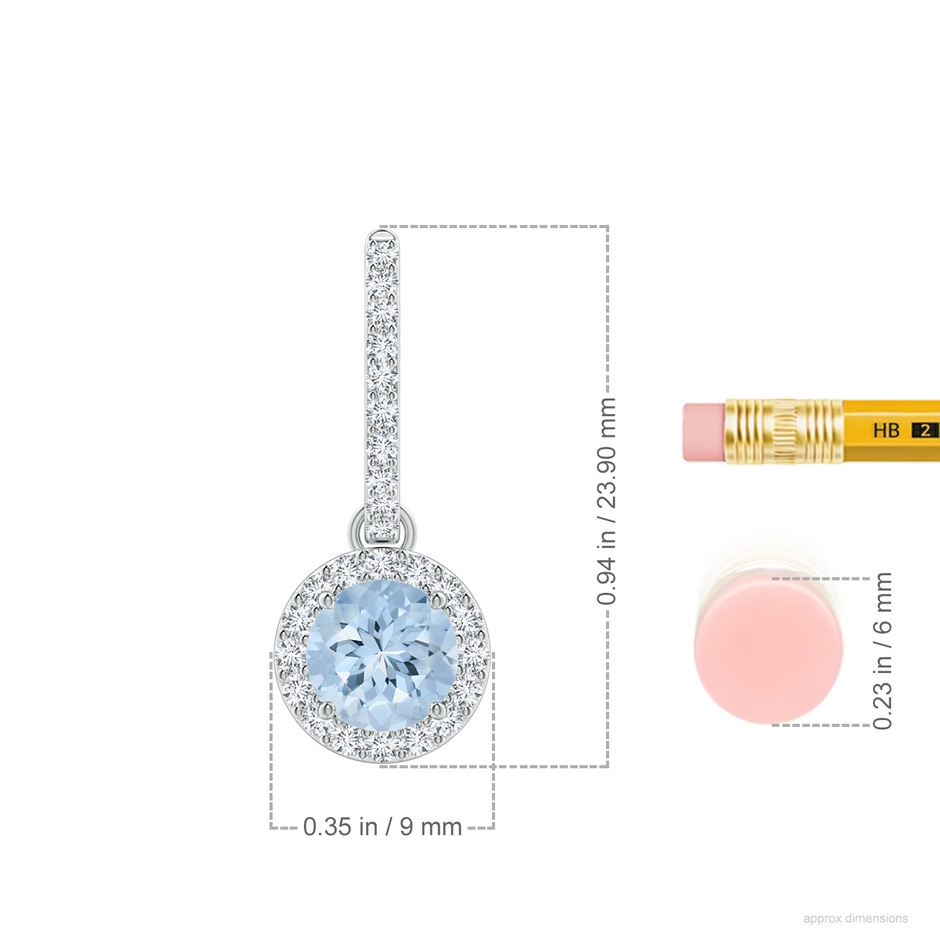 6mm AA Round Aquamarine Dangle Earrings with Diamond Halo in P950 Platinum ruler