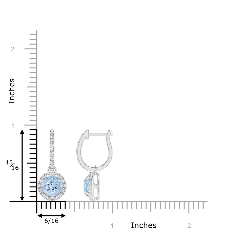 6mm AA Round Aquamarine Dangle Earrings with Diamond Halo in White Gold ruler