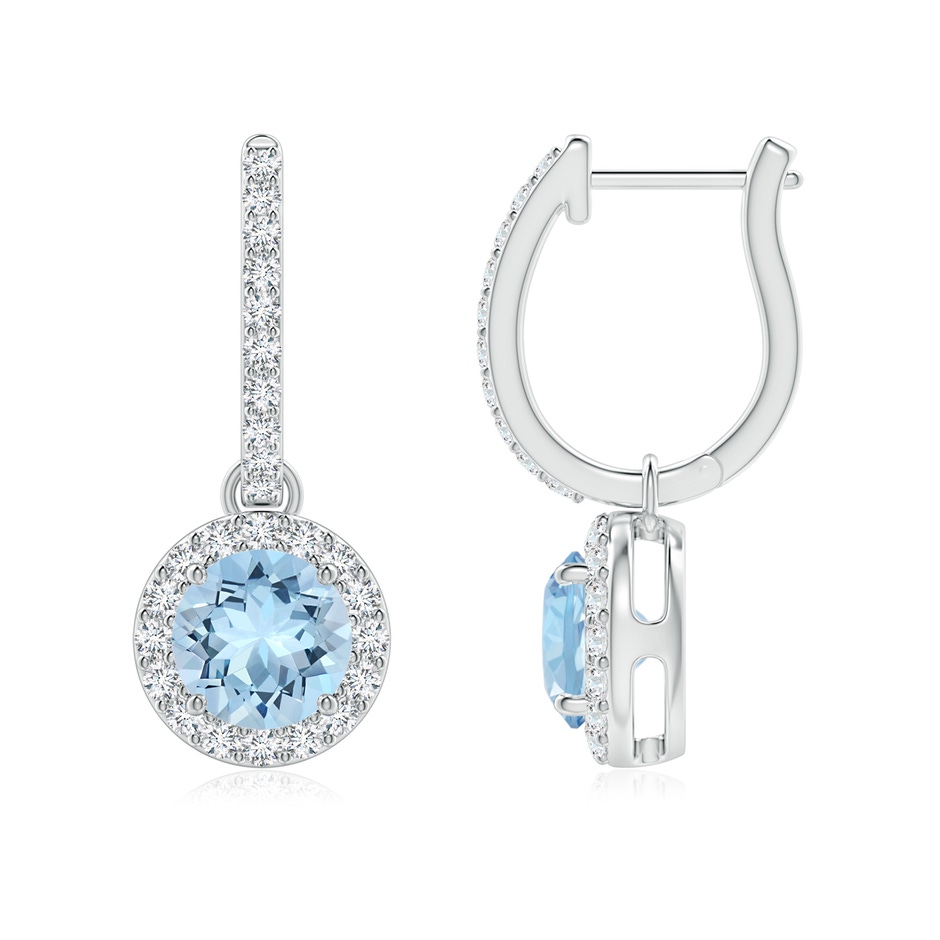 6mm AAA Round Aquamarine Dangle Earrings with Diamond Halo in 18K White Gold 
